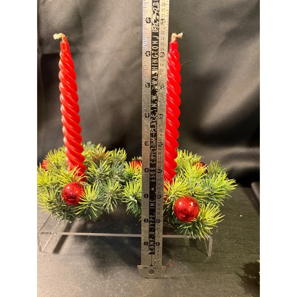 Vintage Style Christmas Taper Candle Rings Faux Pine Red Ornaments Set of 2
